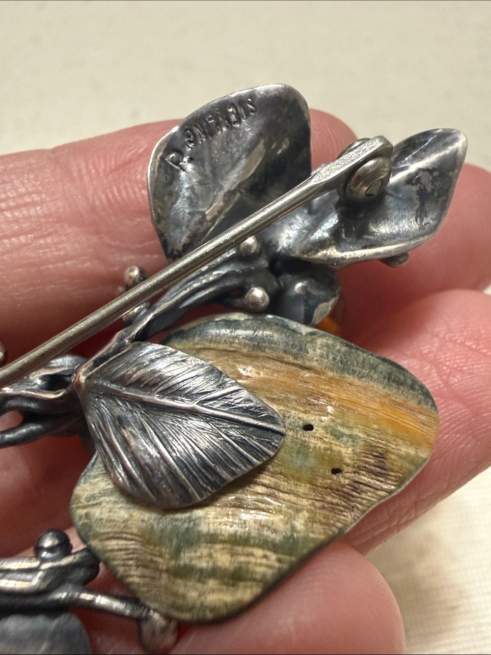 Sterling Silver Botanical Brooch W/Abalone & Accents of Amber & Malachite Stone - Picture 5 of 12
